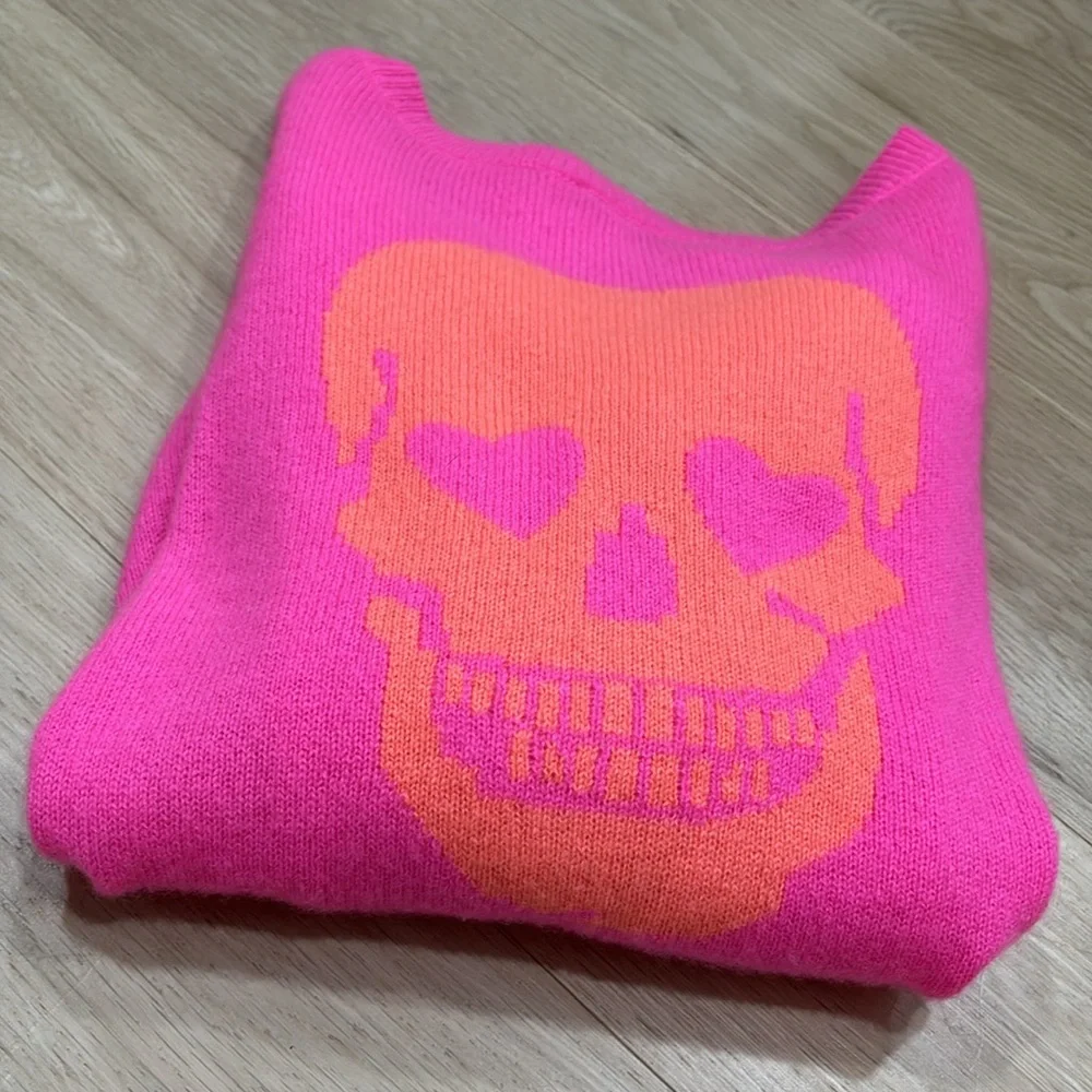 SKULL CASHMERE (XS) Pink Skull Sweater Soft Luxury Knit - Picture 12 of 13